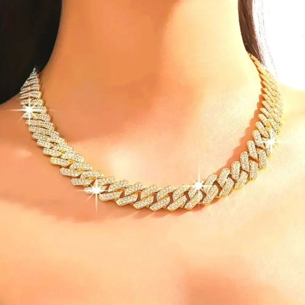 Men's Hip Hop 12mm Golden Cuban Link Chain Necklace with cubic zirconia Stones
